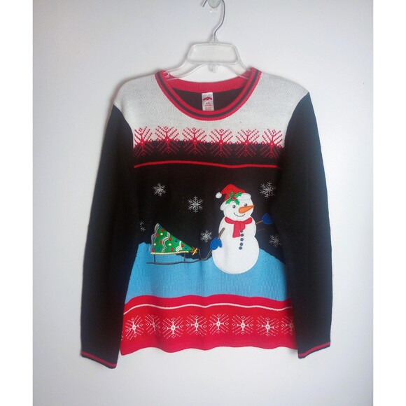 Vintage Womens Christmas Snowman Sweater / Size Large / Xmas Tree / 1980s - Picture 1 of 3